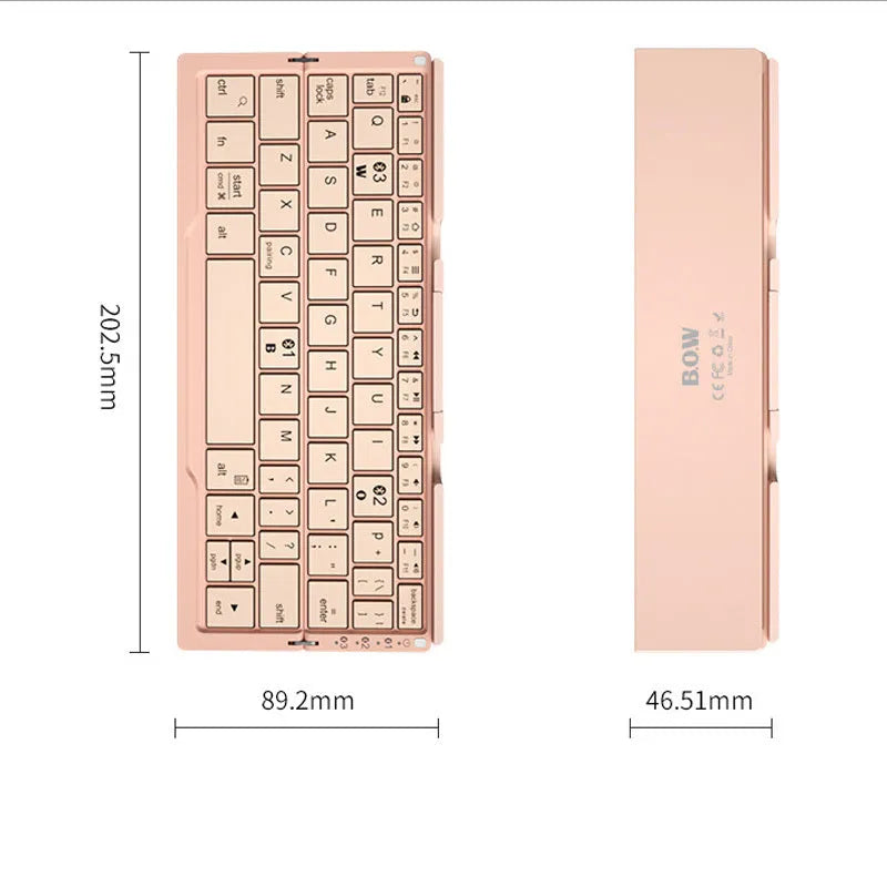 Silver aluminium folding Bluetooth keyboard open with smartphone propped on integrated stand