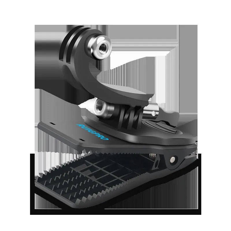 Silver and black 360-degree rotating GoPro backpack clip mount for action cameras.