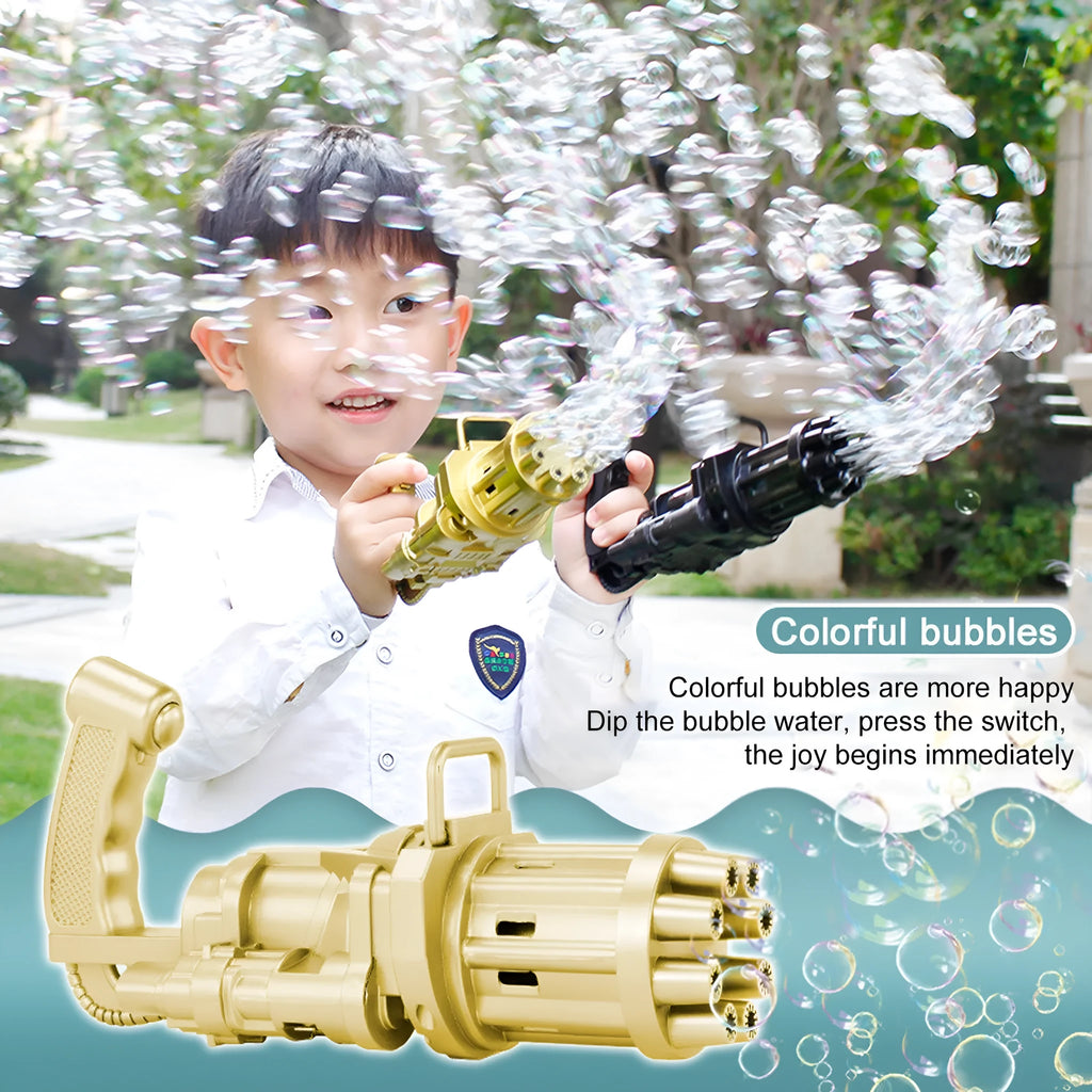 Kids bubble machine gun toy in pink, gold, or black colours with trigger and removable bubblehead.