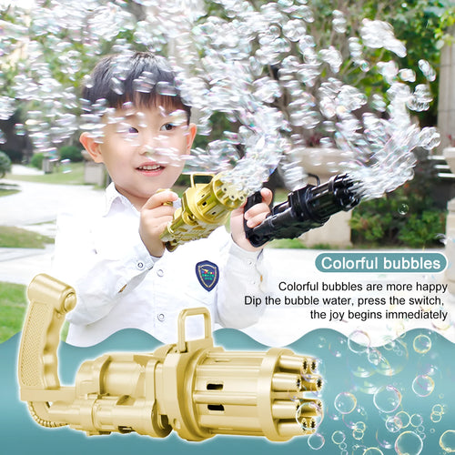 Kids bubble machine gun toy in pink, gold, or black colours with trigger and removable bubblehead.
