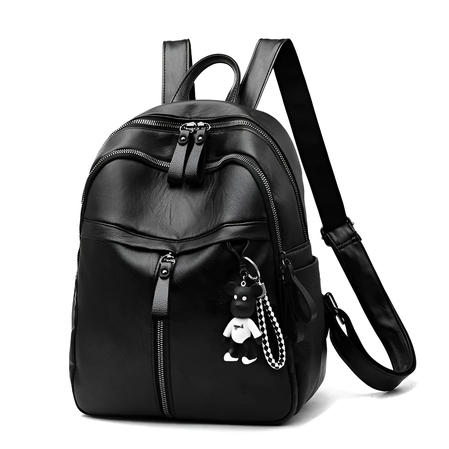 Black PU leather backpack with double shoulder straps showing luggage strap attachment