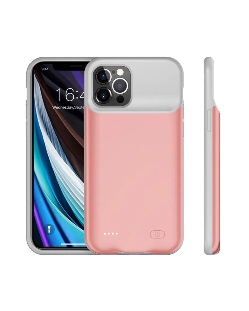 Shockproof silicone iPhone battery charger case in black, blue, pink, or white colours showing extended battery capacity.