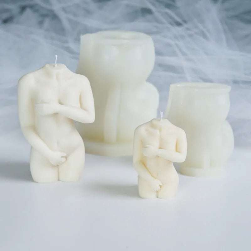 Silicone mould for making detailed shy female body shaped candles in three sculpture variations.