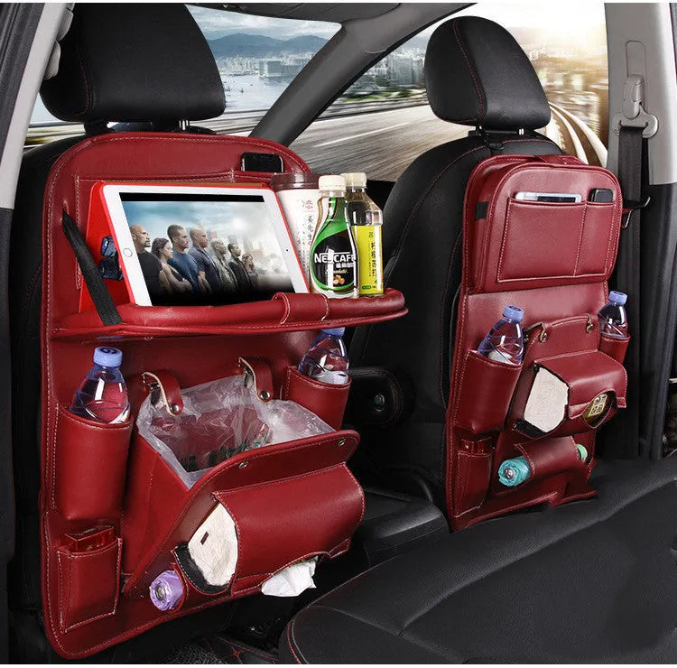 PU leather car storage hanging bag with multiple pockets and built-in trash can mounted on car seat