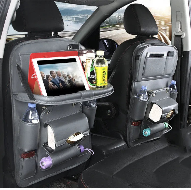 PU leather car storage hanging bag with multiple pockets and built-in trash can mounted on car seat