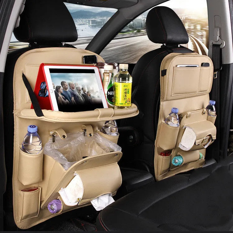 PU leather car storage hanging bag with multiple pockets and built-in trash can mounted on car seat