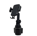 Black car phone holder with 360-degree rotating head and adjustable height arm on a dashboard.