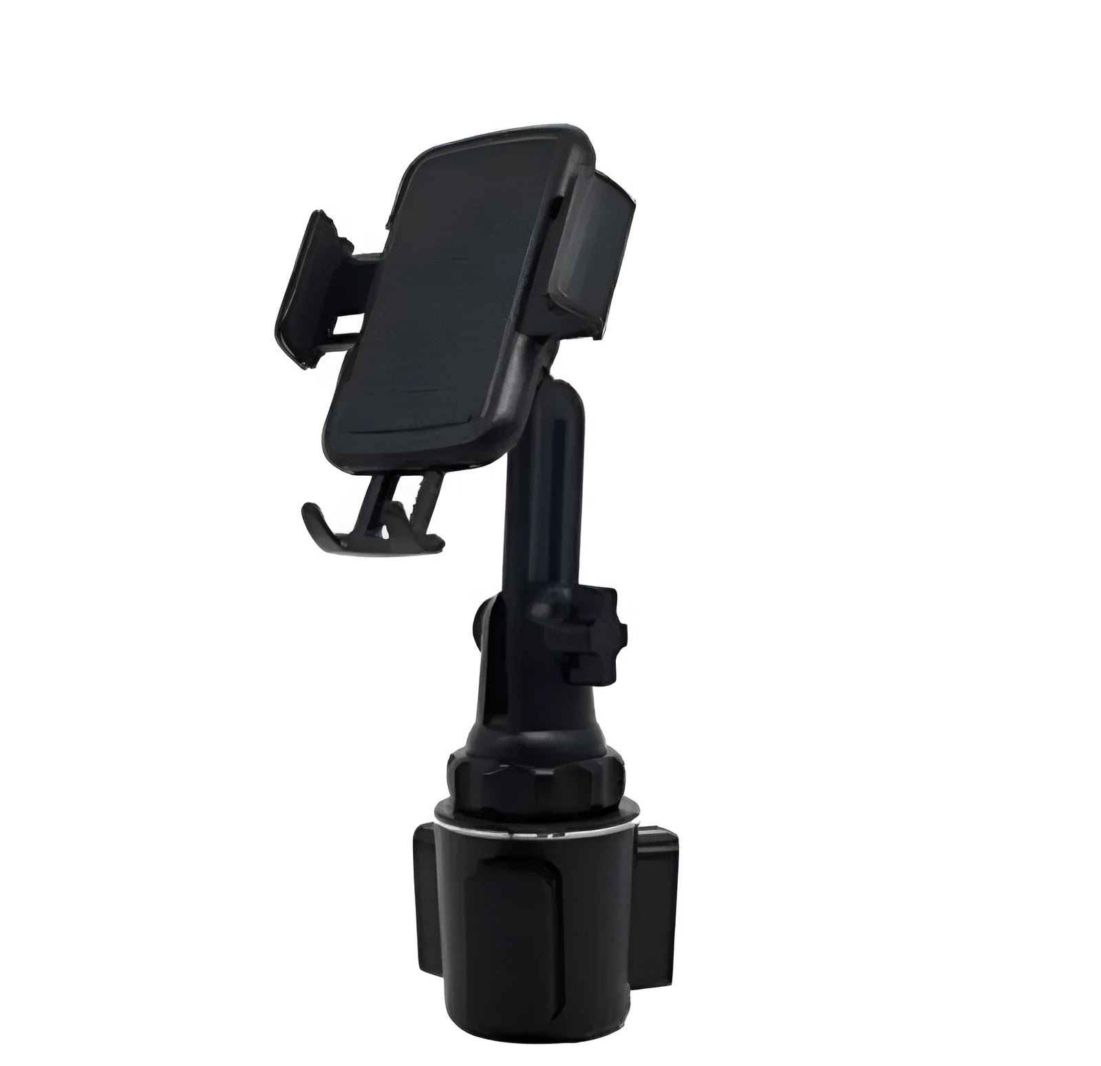 Black car phone holder with 360-degree rotating head and adjustable height arm on a dashboard.