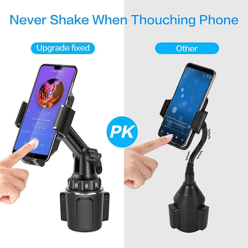 Black car phone holder with 360-degree rotating head and adjustable height arm on a dashboard.
