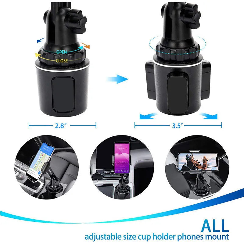Black car phone holder with 360-degree rotating head and adjustable height arm on a dashboard.