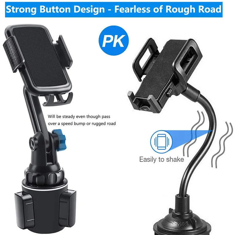 Black car phone holder with 360-degree rotating head and adjustable height arm on a dashboard.