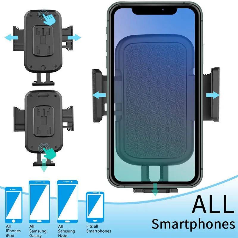 Black car phone holder with 360-degree rotating head and adjustable height arm on a dashboard.