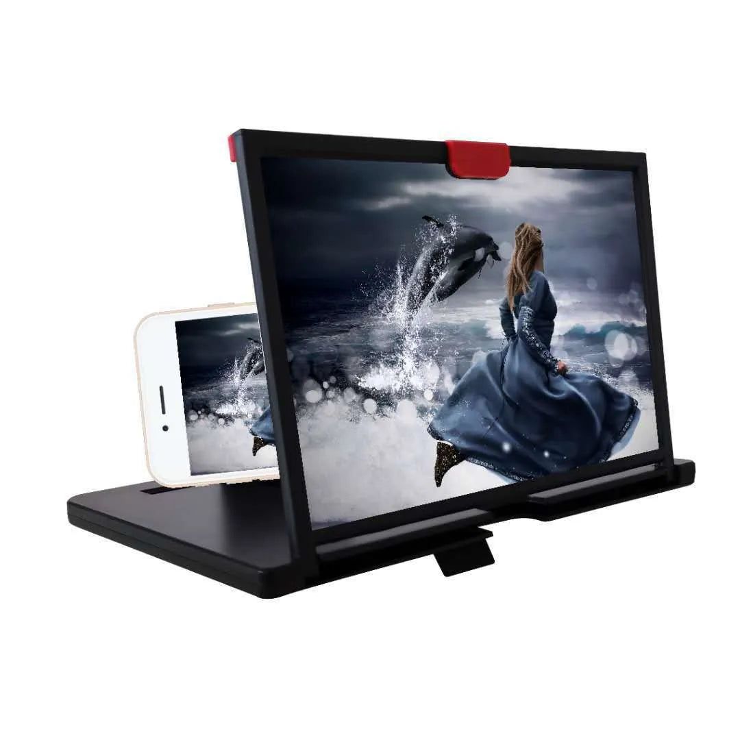 A red desktop bracket holding a mobile phone with a large magnifying screen attached.
