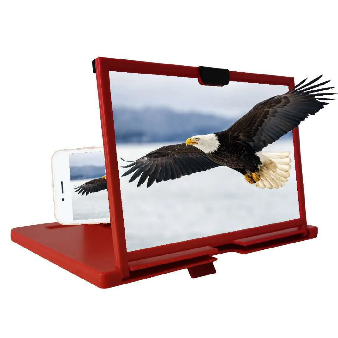 A red desktop bracket holding a mobile phone with a large magnifying screen attached.