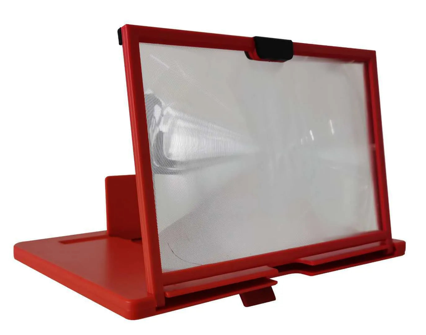 A red desktop bracket holding a mobile phone with a large magnifying screen attached.