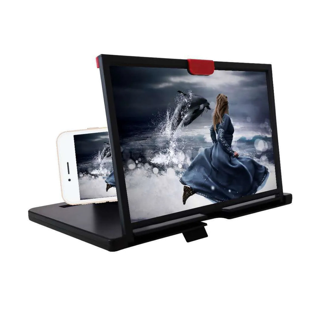 A red desktop bracket holding a mobile phone with a large magnifying screen attached.