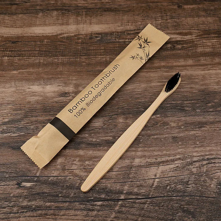 Set of 10 colourful bamboo toothbrushes with charcoal-infused soft bristles and natural bamboo handles
