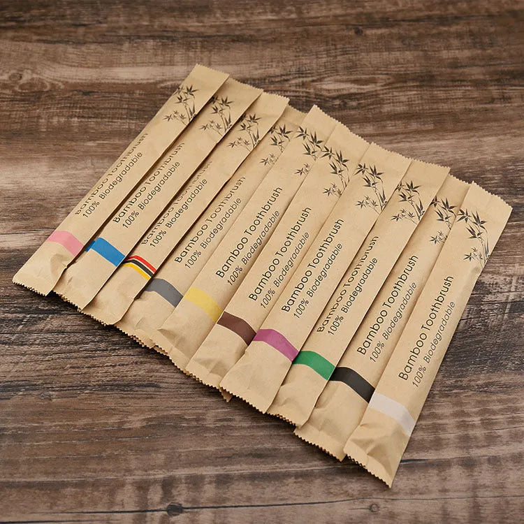 Set of 10 colourful bamboo toothbrushes with charcoal-infused soft bristles and natural bamboo handles