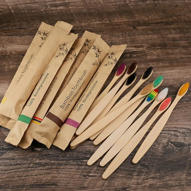 Set of 10 colourful bamboo toothbrushes with charcoal-infused soft bristles and natural bamboo handles