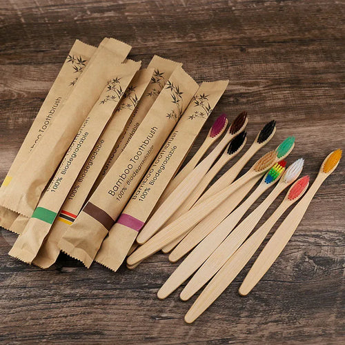 Set of 10 colourful bamboo toothbrushes with charcoal-infused soft bristles and natural bamboo handles