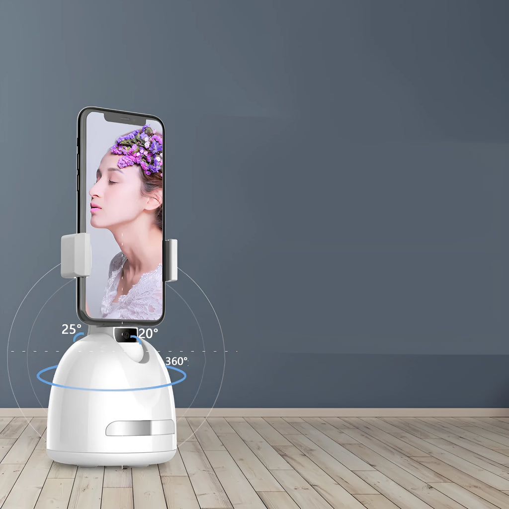 Smartphone face tracking camera mount with fill light on a desk for indoor vlogging