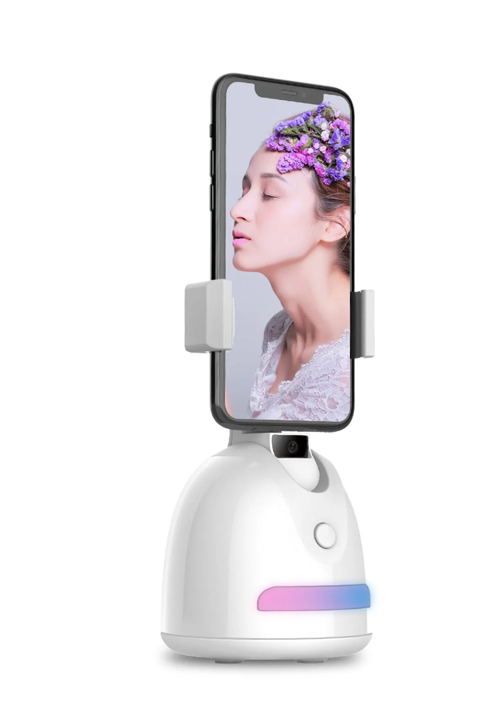 Smartphone face tracking camera mount with fill light on a desk for indoor vlogging