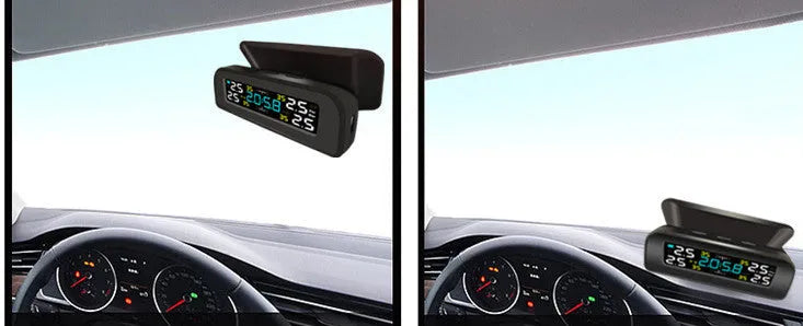 Black wireless solar tyre pressure monitor receiver on car dashboard with internal and external sensor options