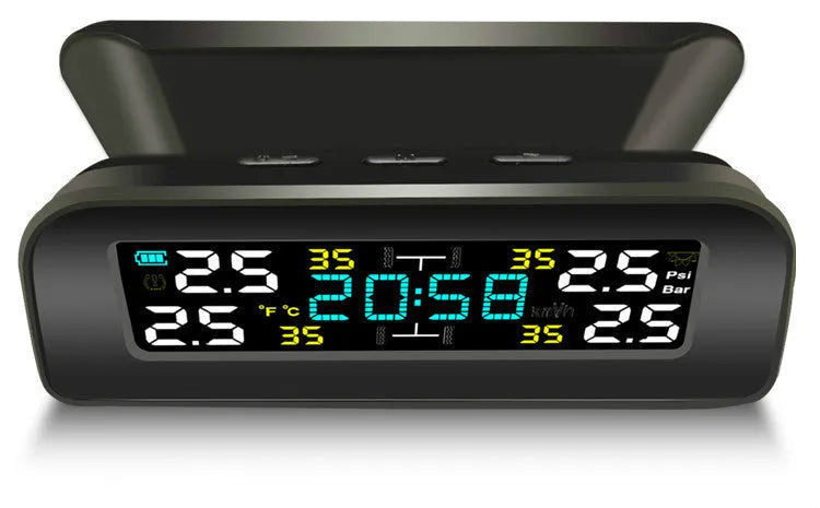 Black wireless solar tyre pressure monitor receiver on car dashboard with internal and external sensor options