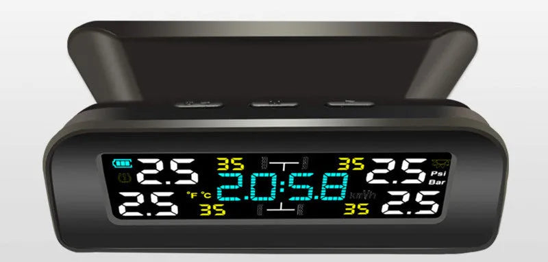 Black wireless solar tyre pressure monitor receiver on car dashboard with internal and external sensor options