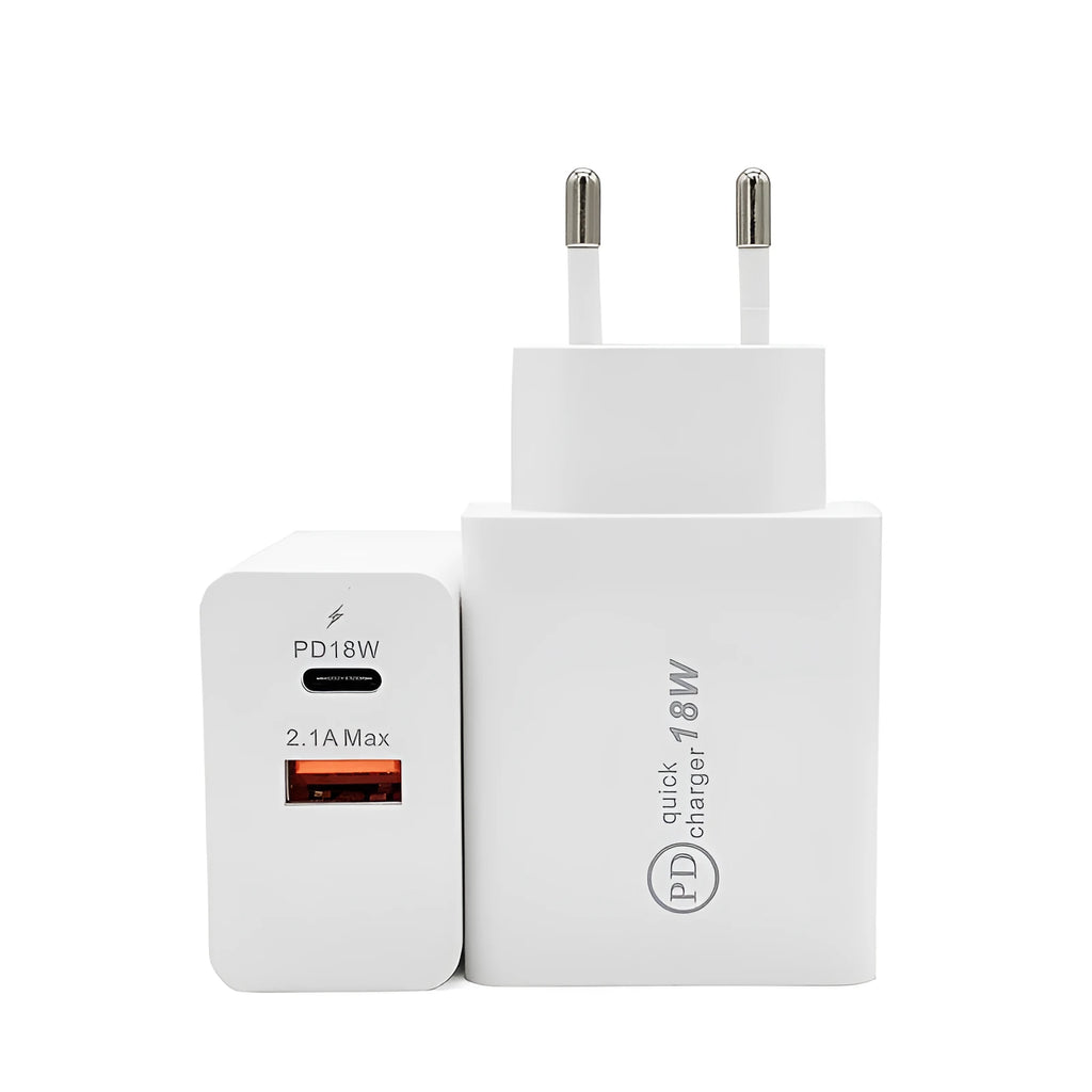 White 18W USB-C PD fast wall charger with US plug on a wooden surface.