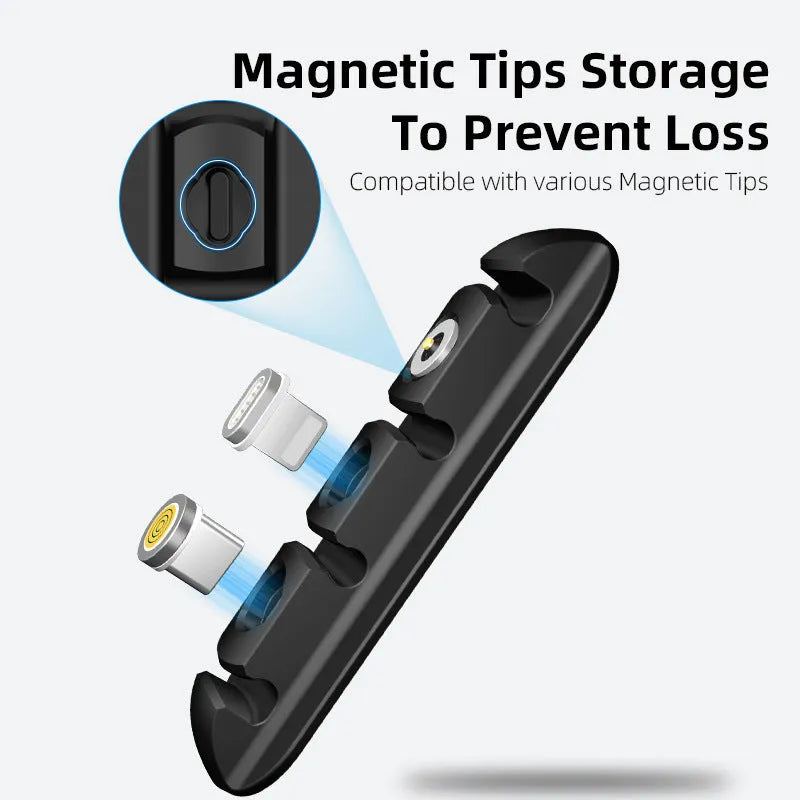 Black desktop charging station with magnetic cable organisers for cable management