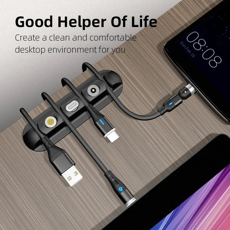Black desktop charging station with magnetic cable organisers for cable management