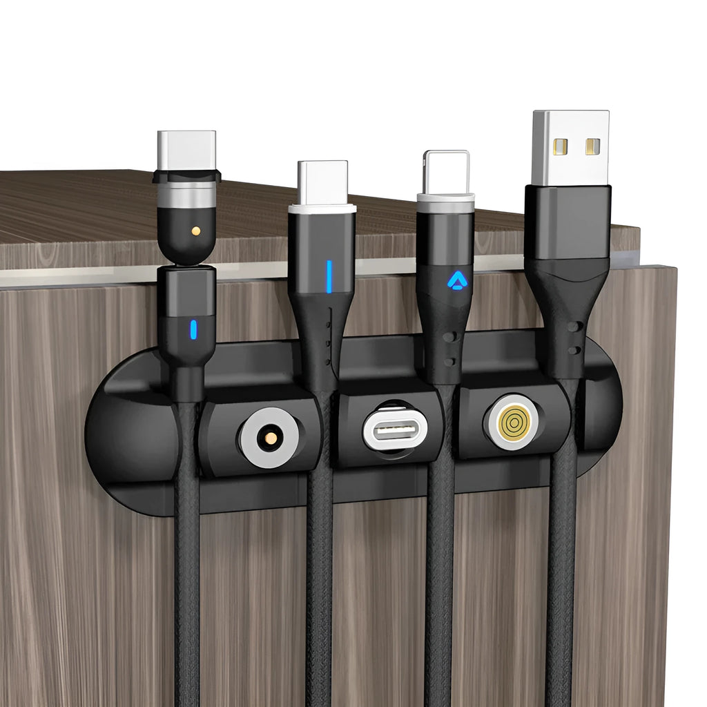 Black desktop charging station with magnetic cable organisers for cable management