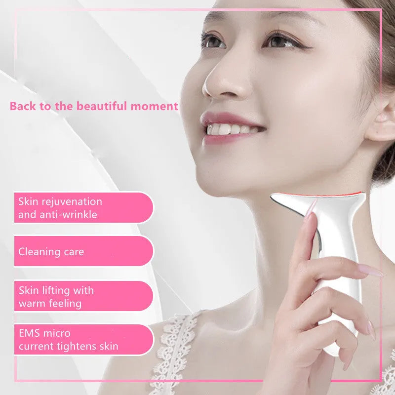Elegant white neck and face massager with ultrasonic, colour light, and temperature functions for home use