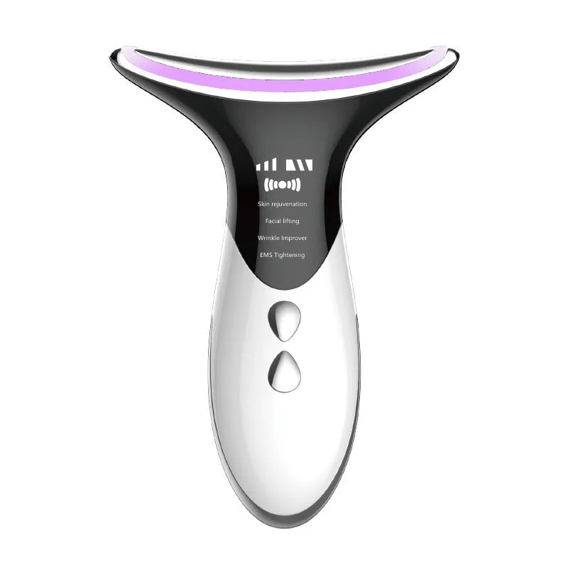 Elegant white neck and face massager with ultrasonic, colour light, and temperature functions for home use