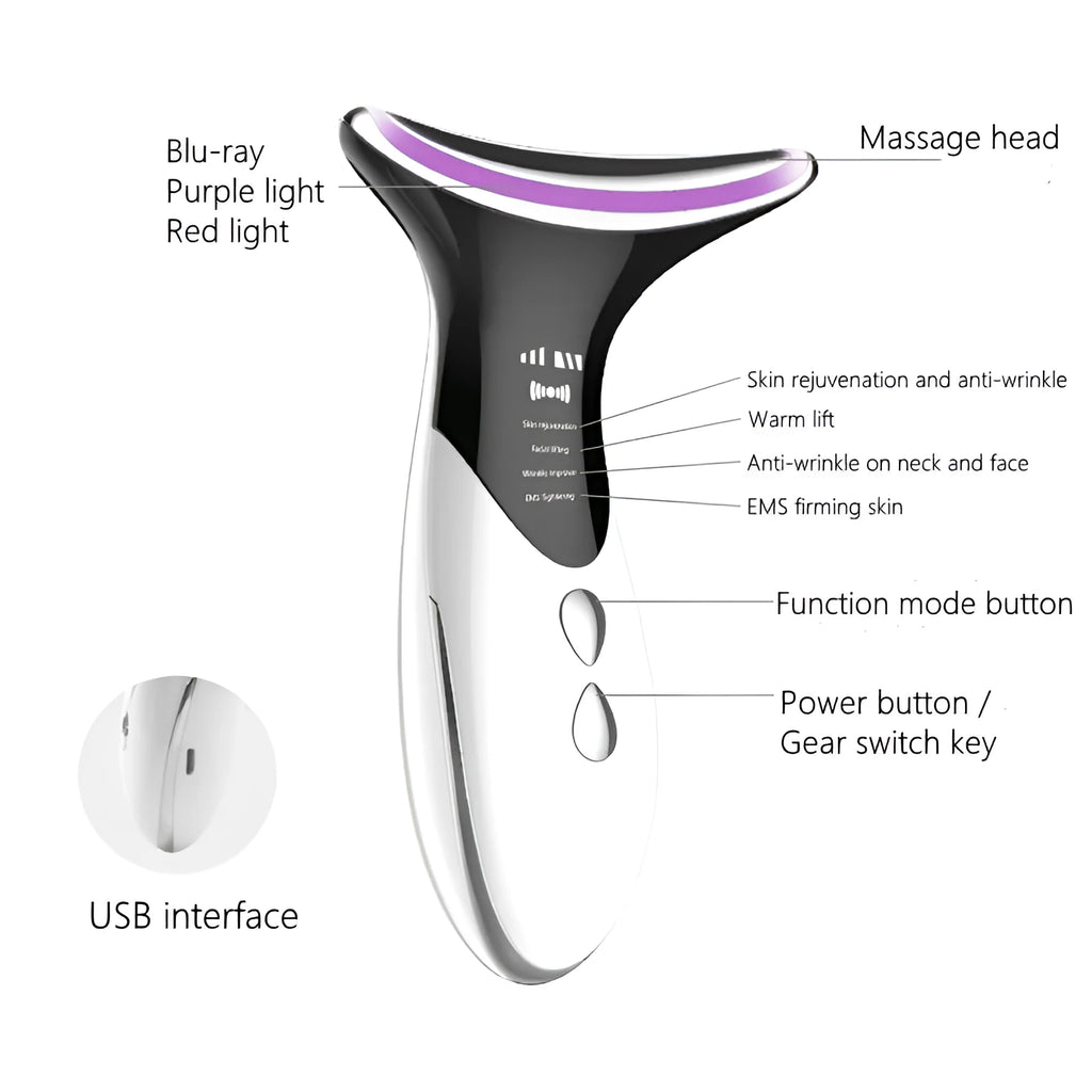 Elegant white neck and face massager with ultrasonic, colour light, and temperature functions for home use