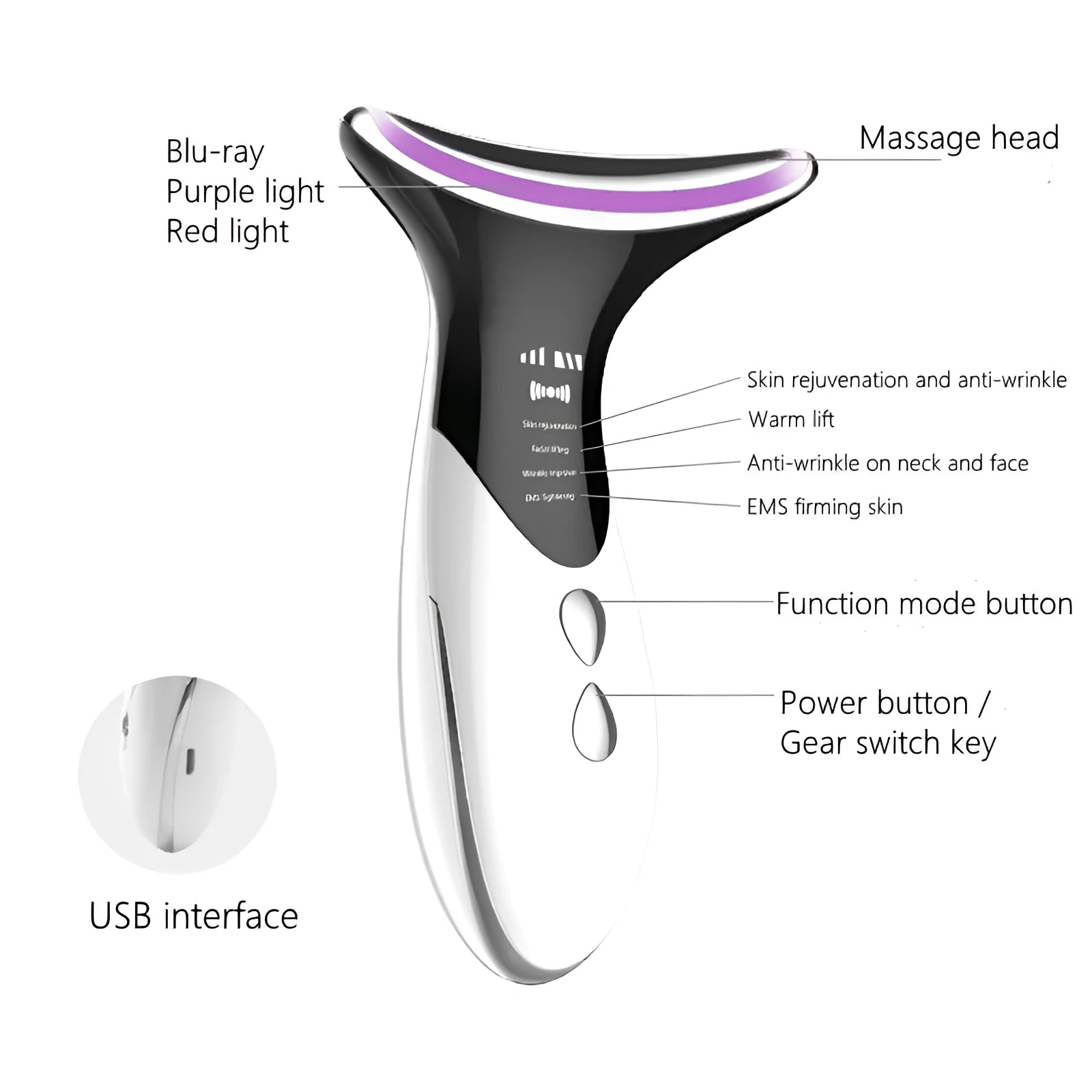 Elegant white neck and face massager with ultrasonic, colour light, and temperature functions for home use