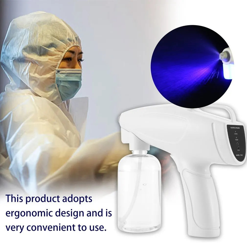White handheld wireless electric disinfection spray gun with USB charging cable