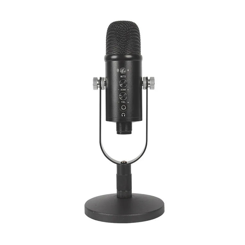 Black USB condenser microphone with metal desk stand and sponge wind cover