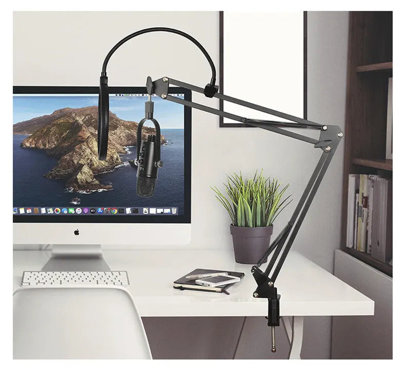 Black USB condenser microphone with metal desk stand and sponge wind cover