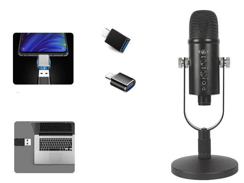 Black USB condenser microphone with metal desk stand and sponge wind cover