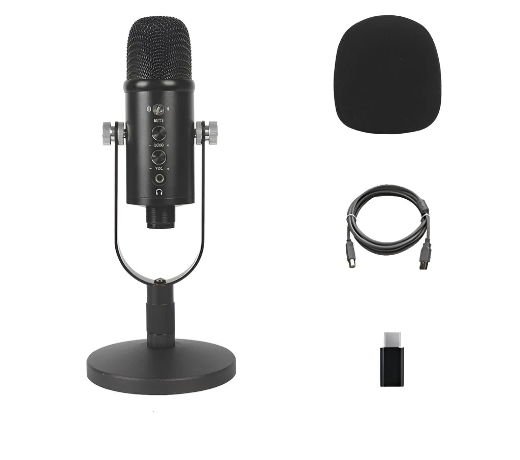 Black USB condenser microphone with metal desk stand and sponge wind cover