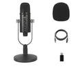 Black USB condenser microphone with metal desk stand and sponge wind cover