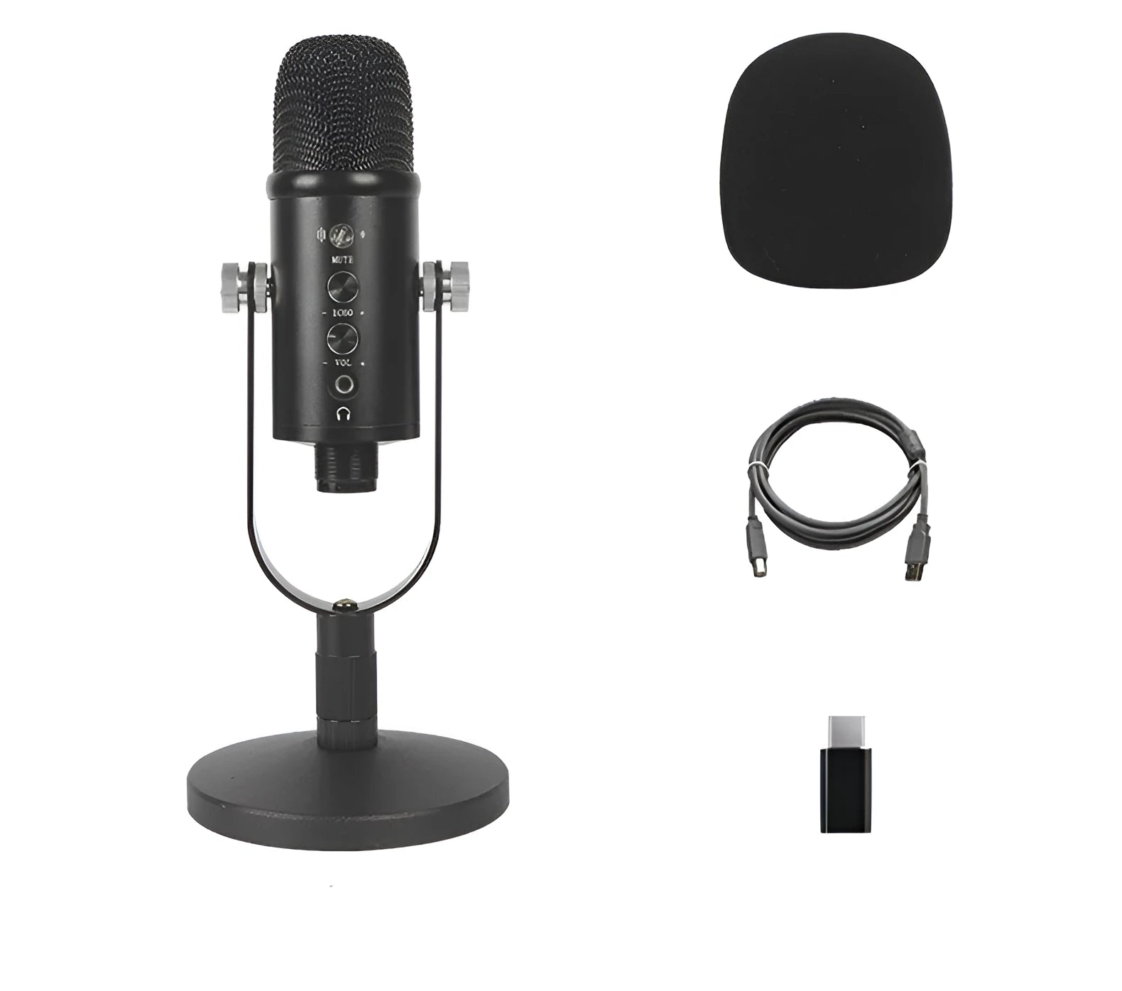Black USB condenser microphone with metal desk stand and sponge wind cover