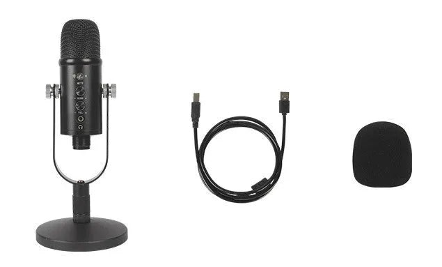 Black USB condenser microphone with metal desk stand and sponge wind cover