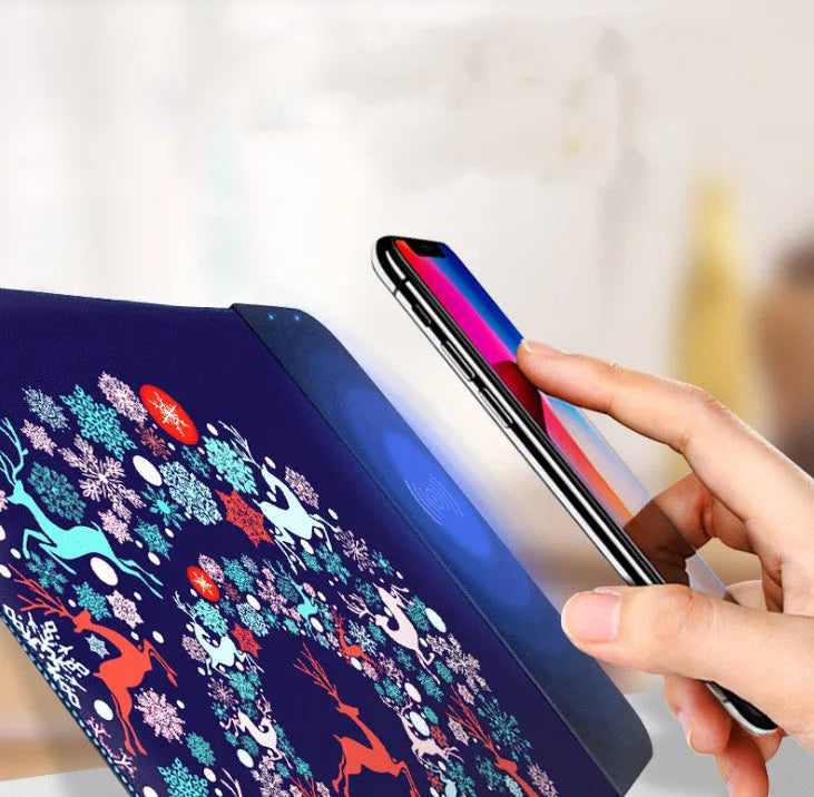 Black wireless charging mouse pad with RGB lighting showing 29.8x21.5cm dimensions and USB cable