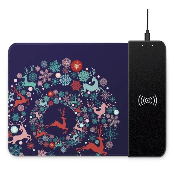 Black wireless charging mouse pad with RGB lighting showing 29.8x21.5cm dimensions and USB cable
