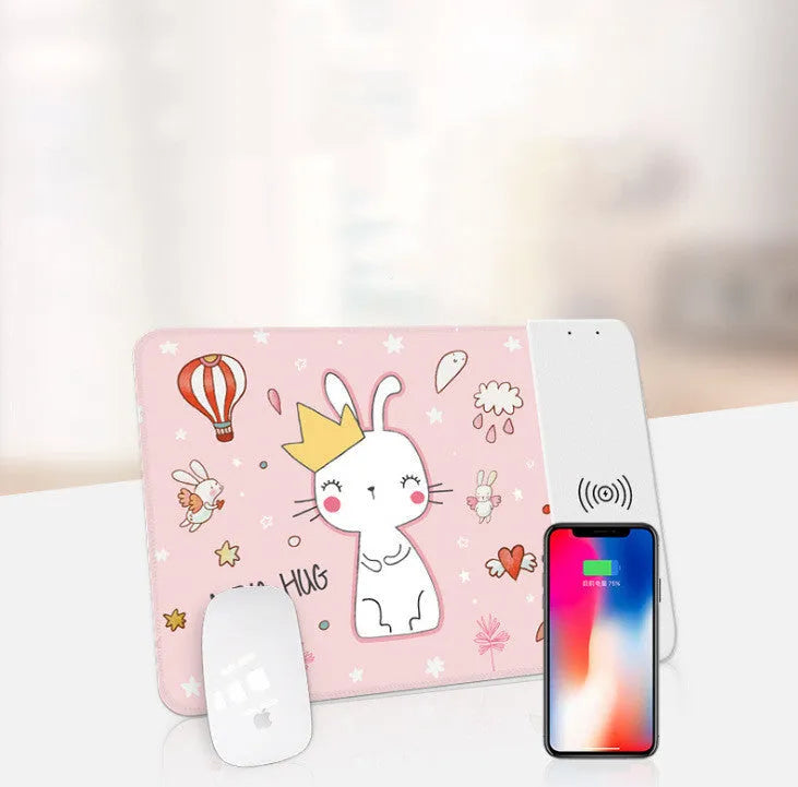 Black wireless charging mouse pad with RGB lighting showing 29.8x21.5cm dimensions and USB cable