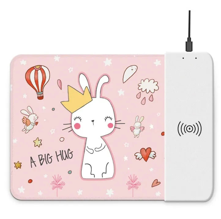 Black wireless charging mouse pad with RGB lighting showing 29.8x21.5cm dimensions and USB cable
