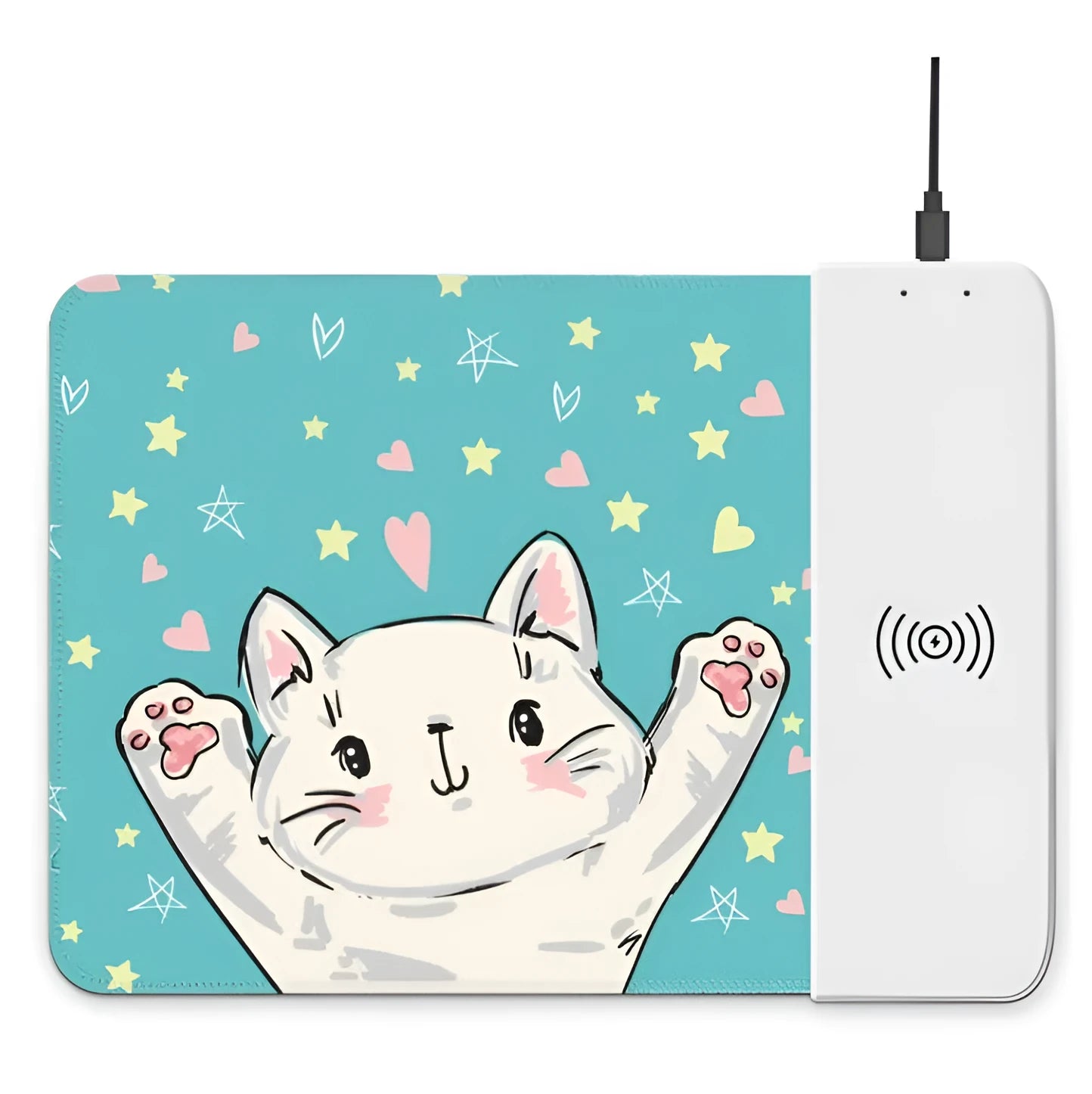 Black wireless charging mouse pad with RGB lighting showing 29.8x21.5cm dimensions and USB cable